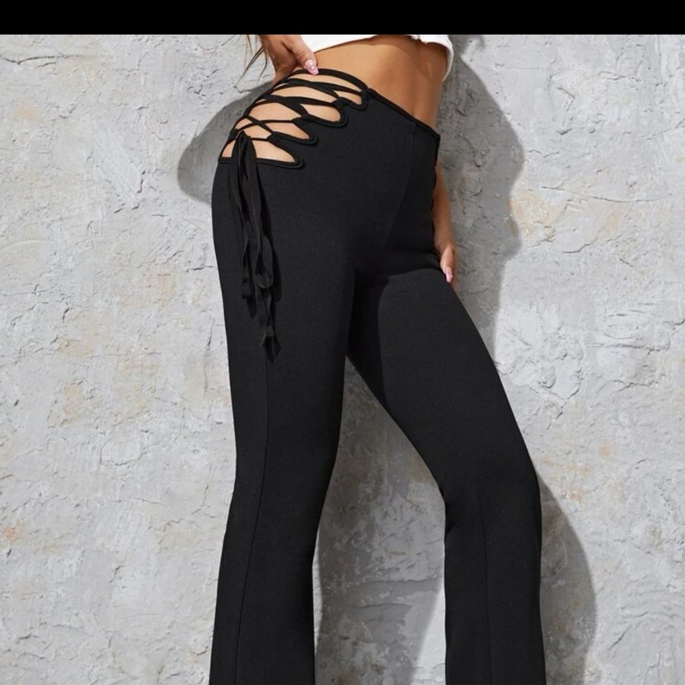 lace up knot side flare leg pants